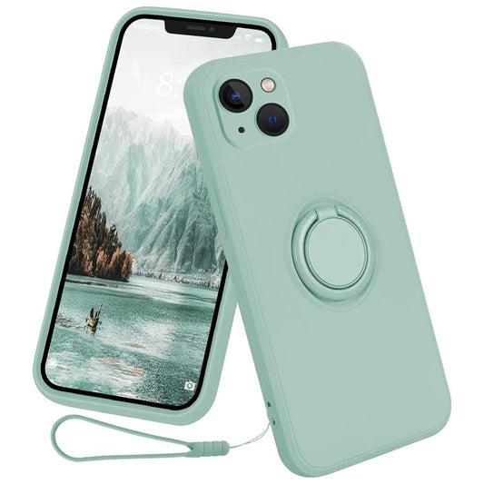 For iPhone 15 Plus Liquid Silicone Back Cover Ring Kickstand Phone Case with Wrist Rope