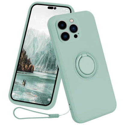 For iPhone 15 Pro Ring Kickstand Case Liquid Silicone Anti-scratch Phone Cover with Wrist Rope