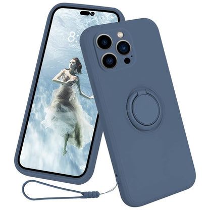 For iPhone 15 Pro Ring Kickstand Case Liquid Silicone Anti-scratch Phone Cover with Wrist Rope