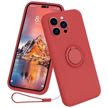 For iPhone 15 Pro Ring Kickstand Case Liquid Silicone Anti-scratch Phone Cover with Wrist Rope