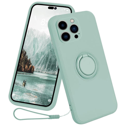 For iPhone 15 Pro Max Ring Kickstand Anti-drop Case Liquid Silicone Phone Cover with Lanyard