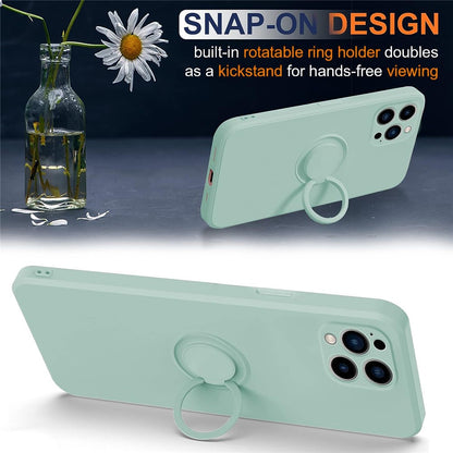 For iPhone 15 Pro Max Ring Kickstand Anti-drop Case Liquid Silicone Phone Cover with Lanyard