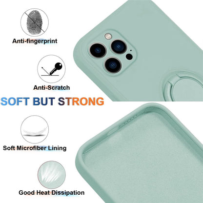 For iPhone 15 Pro Max Ring Kickstand Anti-drop Case Liquid Silicone Phone Cover with Lanyard
