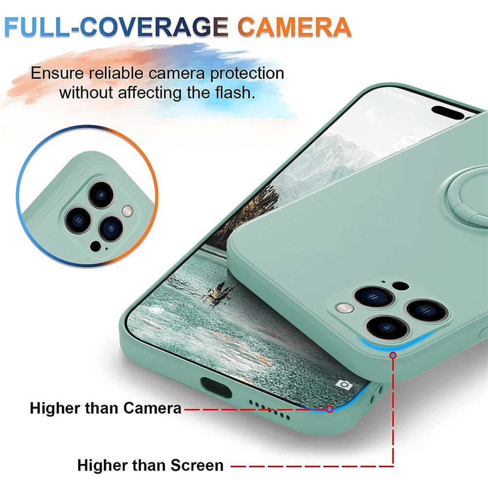 For iPhone 15 Pro Max Ring Kickstand Anti-drop Case Liquid Silicone Phone Cover with Lanyard