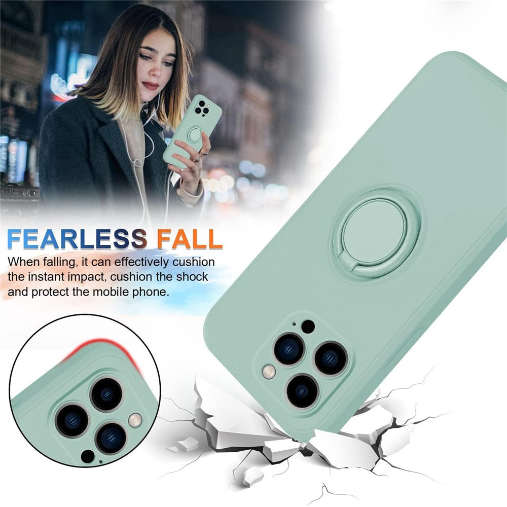 For iPhone 15 Pro Max Ring Kickstand Anti-drop Case Liquid Silicone Phone Cover with Lanyard