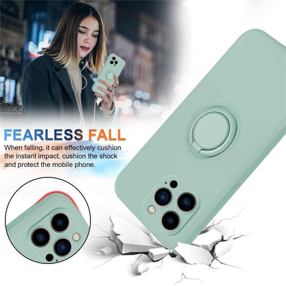 For iPhone 15 Pro Max Ring Kickstand Anti-drop Case Liquid Silicone Phone Cover with Lanyard