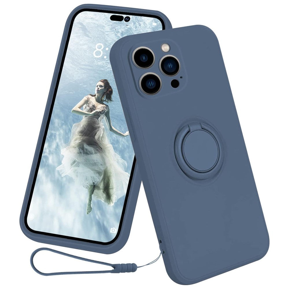 For iPhone 15 Pro Max Ring Kickstand Anti-drop Case Liquid Silicone Phone Cover with Lanyard