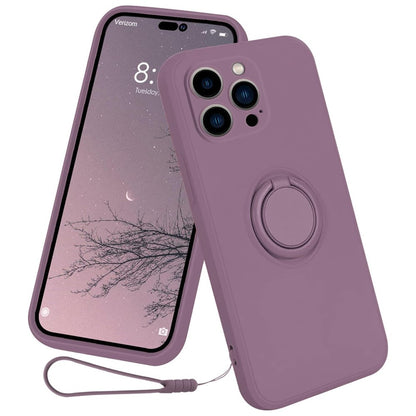 For iPhone 15 Pro Max Ring Kickstand Anti-drop Case Liquid Silicone Phone Cover with Lanyard