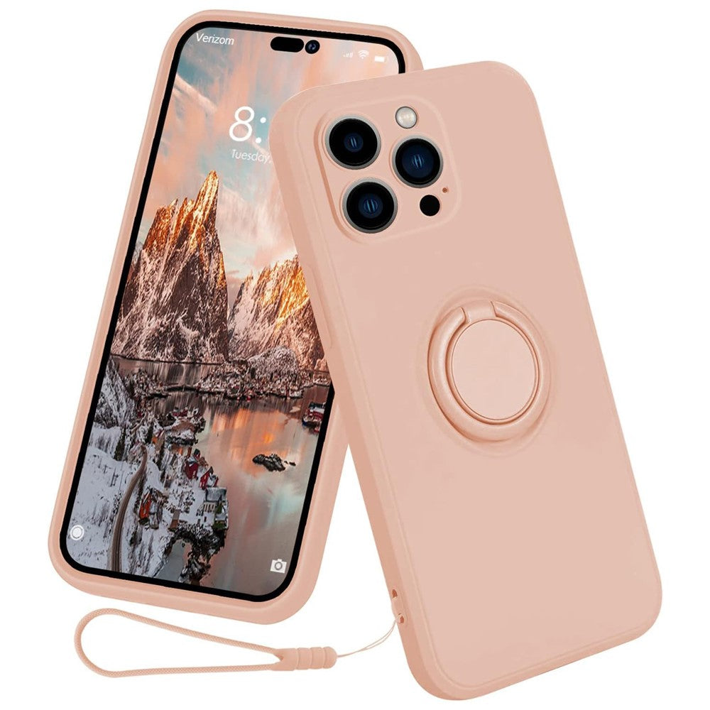 For iPhone 15 Pro Max Ring Kickstand Anti-drop Case Liquid Silicone Phone Cover with Lanyard