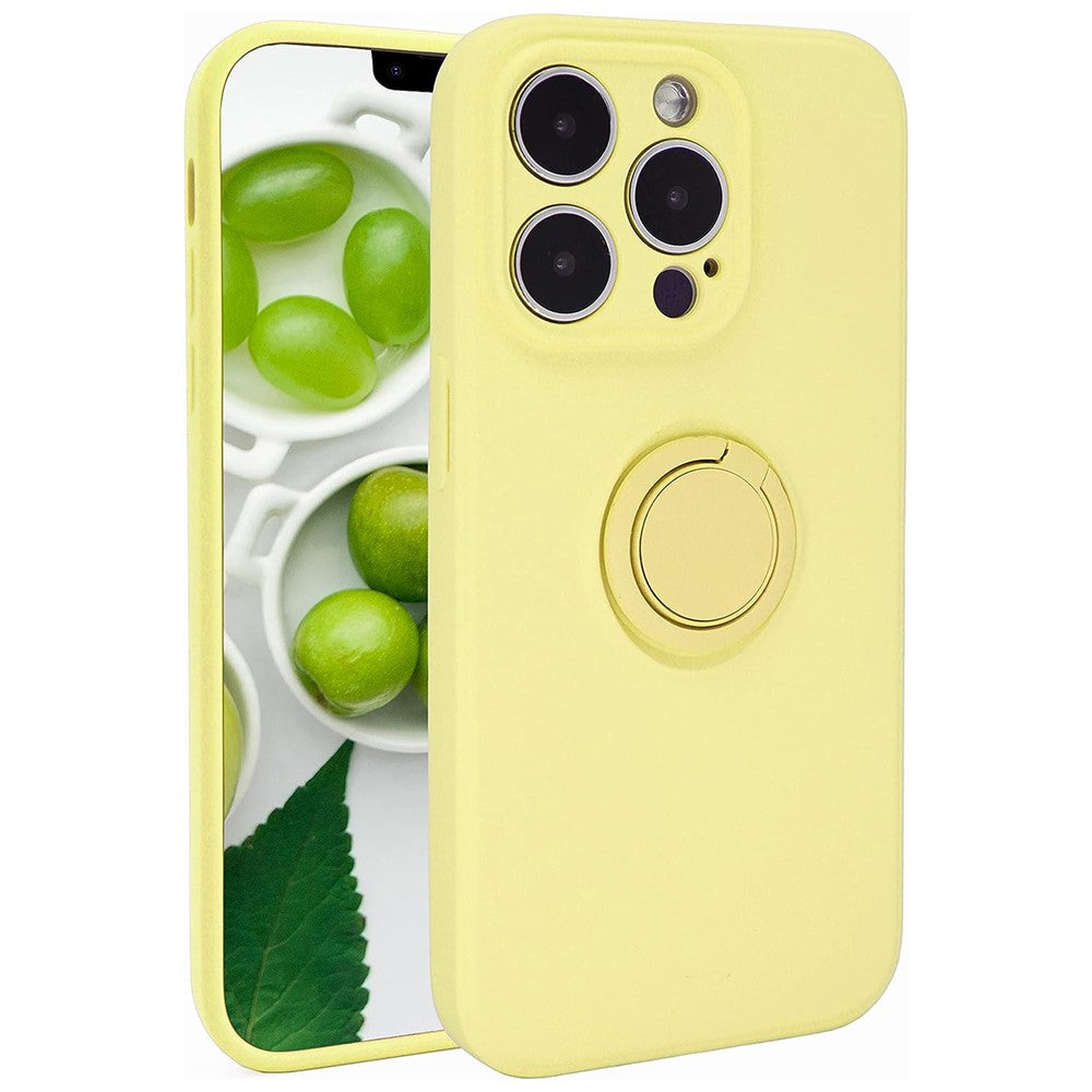 For iPhone 15 Pro Max Ring Kickstand Anti-drop Case Liquid Silicone Phone Cover with Lanyard