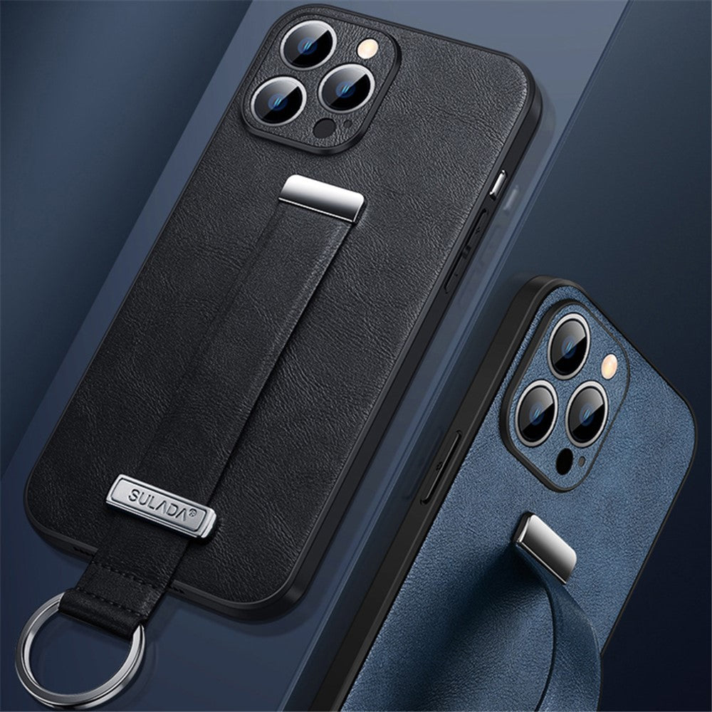 SULADA Fashion Series Crazy Horse Texture PU+PC+TPU Case for iPhone 15 Pro Shockproof Cover with Strap Kickstand
