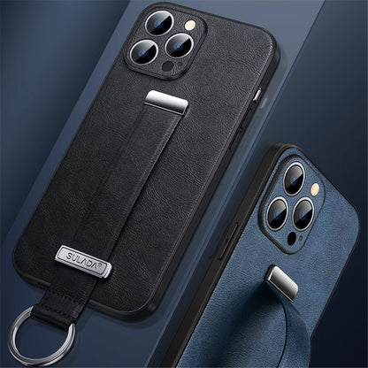 SULADA Fashion Series Crazy Horse Texture PU+PC+TPU Case for iPhone 15 Pro Shockproof Cover with Strap Kickstand