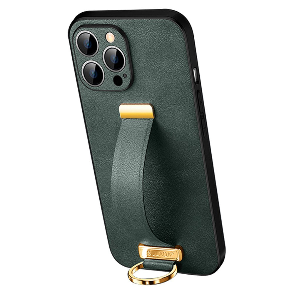 SULADA Fashion Series Crazy Horse Texture PU+PC+TPU Case for iPhone 15 Pro Shockproof Cover with Strap Kickstand