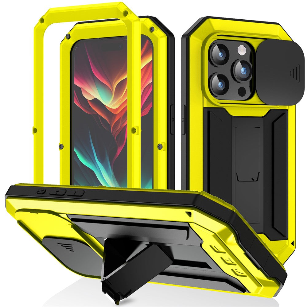 R-JUST For iPhone 15 Pro Max Slide Camera Guard Silicone+Metal+Plastic Kickstand Case Tempered Glass Screen Film Phone Cover