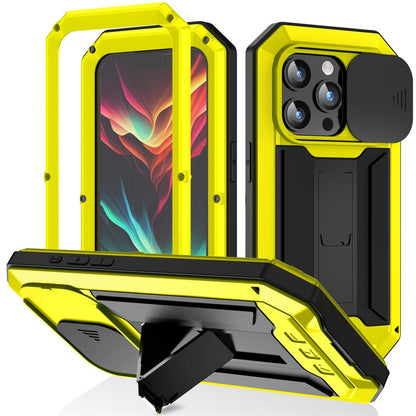 R-JUST For iPhone 15 Pro Max Slide Camera Guard Silicone+Metal+Plastic Kickstand Case Tempered Glass Screen Film Phone Cover