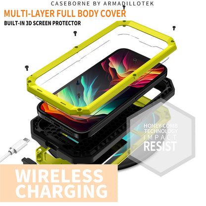 R-JUST For iPhone 15 Pro Max Slide Camera Guard Silicone+Metal+Plastic Kickstand Case Tempered Glass Screen Film Phone Cover