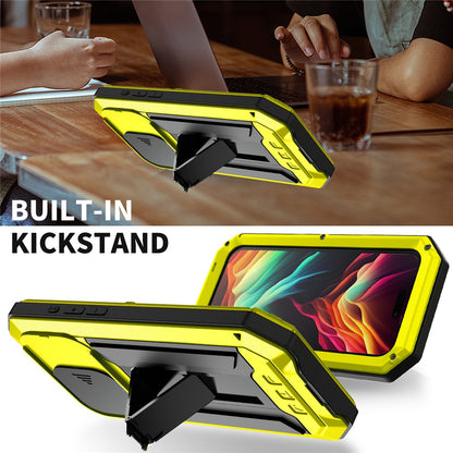R-JUST For iPhone 15 Pro Max Slide Camera Guard Silicone+Metal+Plastic Kickstand Case Tempered Glass Screen Film Phone Cover