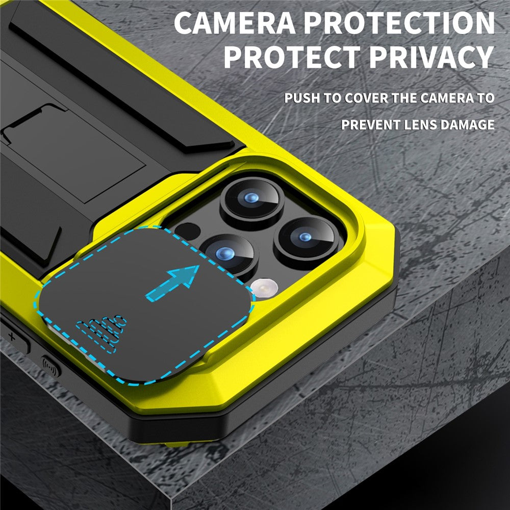 R-JUST For iPhone 15 Pro Max Slide Camera Guard Silicone+Metal+Plastic Kickstand Case Tempered Glass Screen Film Phone Cover