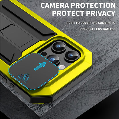 R-JUST For iPhone 15 Pro Max Slide Camera Guard Silicone+Metal+Plastic Kickstand Case Tempered Glass Screen Film Phone Cover