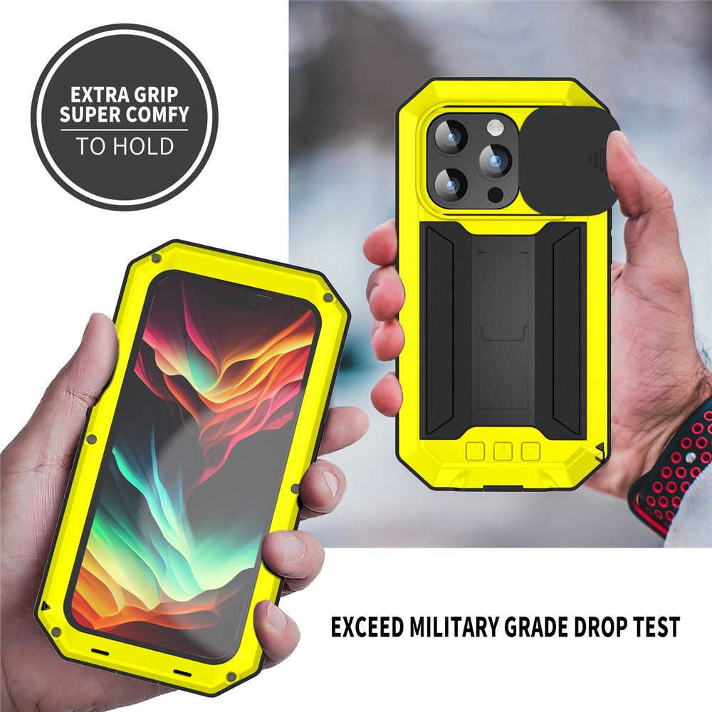 R-JUST For iPhone 15 Pro Max Slide Camera Guard Silicone+Metal+Plastic Kickstand Case Tempered Glass Screen Film Phone Cover