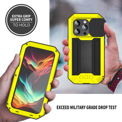 R-JUST For iPhone 15 Pro Max Slide Camera Guard Silicone+Metal+Plastic Kickstand Case Tempered Glass Screen Film Phone Cover