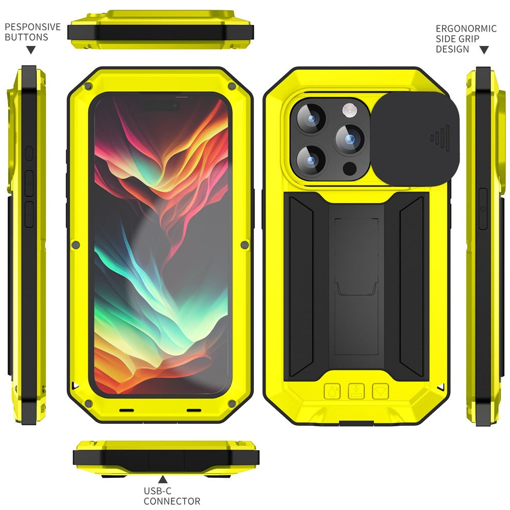 R-JUST For iPhone 15 Pro Max Slide Camera Guard Silicone+Metal+Plastic Kickstand Case Tempered Glass Screen Film Phone Cover