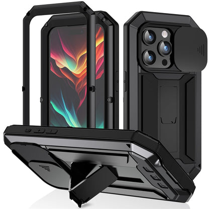 R-JUST For iPhone 15 Pro Max Slide Camera Guard Silicone+Metal+Plastic Kickstand Case Tempered Glass Screen Film Phone Cover