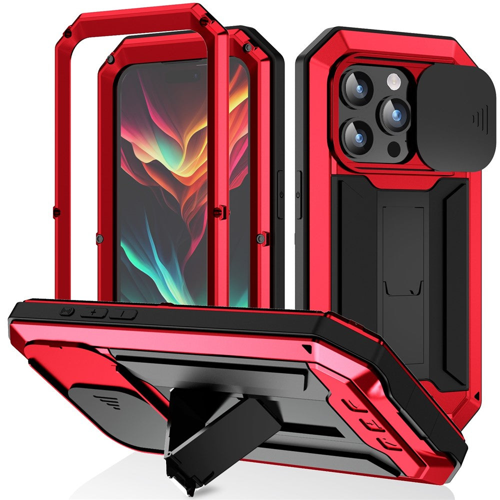 R-JUST For iPhone 15 Pro Max Slide Camera Guard Silicone+Metal+Plastic Kickstand Case Tempered Glass Screen Film Phone Cover
