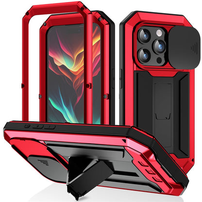 R-JUST For iPhone 15 Pro Max Slide Camera Guard Silicone+Metal+Plastic Kickstand Case Tempered Glass Screen Film Phone Cover