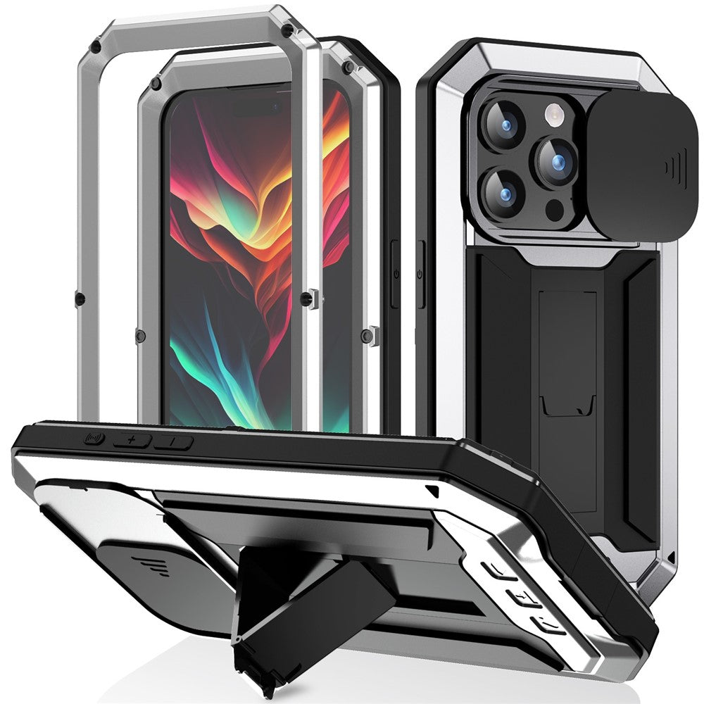 R-JUST For iPhone 15 Pro Max Slide Camera Guard Silicone+Metal+Plastic Kickstand Case Tempered Glass Screen Film Phone Cover