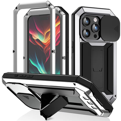 R-JUST For iPhone 15 Pro Max Slide Camera Guard Silicone+Metal+Plastic Kickstand Case Tempered Glass Screen Film Phone Cover