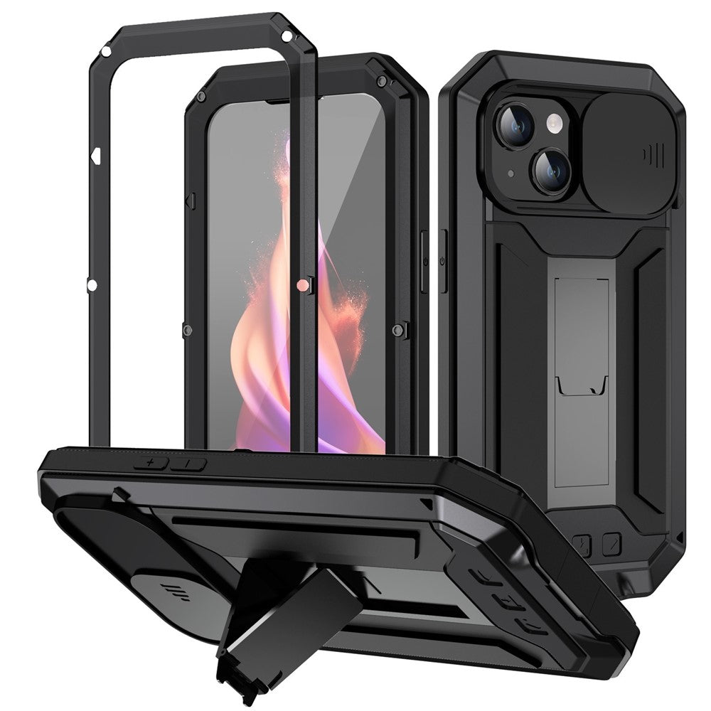 R-JUST For iPhone 15 Plus Slide Camera Lid Kickstand Case Silicone+Metal+Plastic+Tempered Glass Screen Film Anti-drop Cover