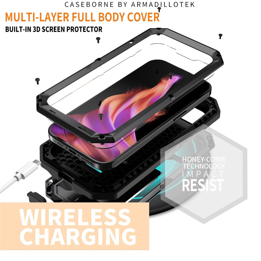 R-JUST For iPhone 15 Plus Slide Camera Lid Kickstand Case Silicone+Metal+Plastic+Tempered Glass Screen Film Anti-drop Cover