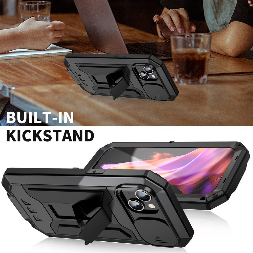 R-JUST For iPhone 15 Plus Slide Camera Lid Kickstand Case Silicone+Metal+Plastic+Tempered Glass Screen Film Anti-drop Cover