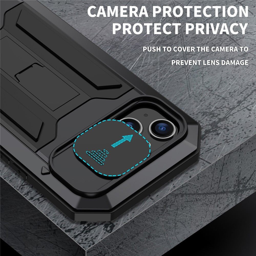 R-JUST For iPhone 15 Plus Slide Camera Lid Kickstand Case Silicone+Metal+Plastic+Tempered Glass Screen Film Anti-drop Cover