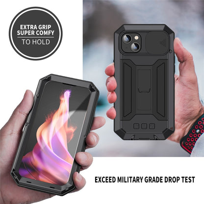 R-JUST For iPhone 15 Plus Slide Camera Lid Kickstand Case Silicone+Metal+Plastic+Tempered Glass Screen Film Anti-drop Cover
