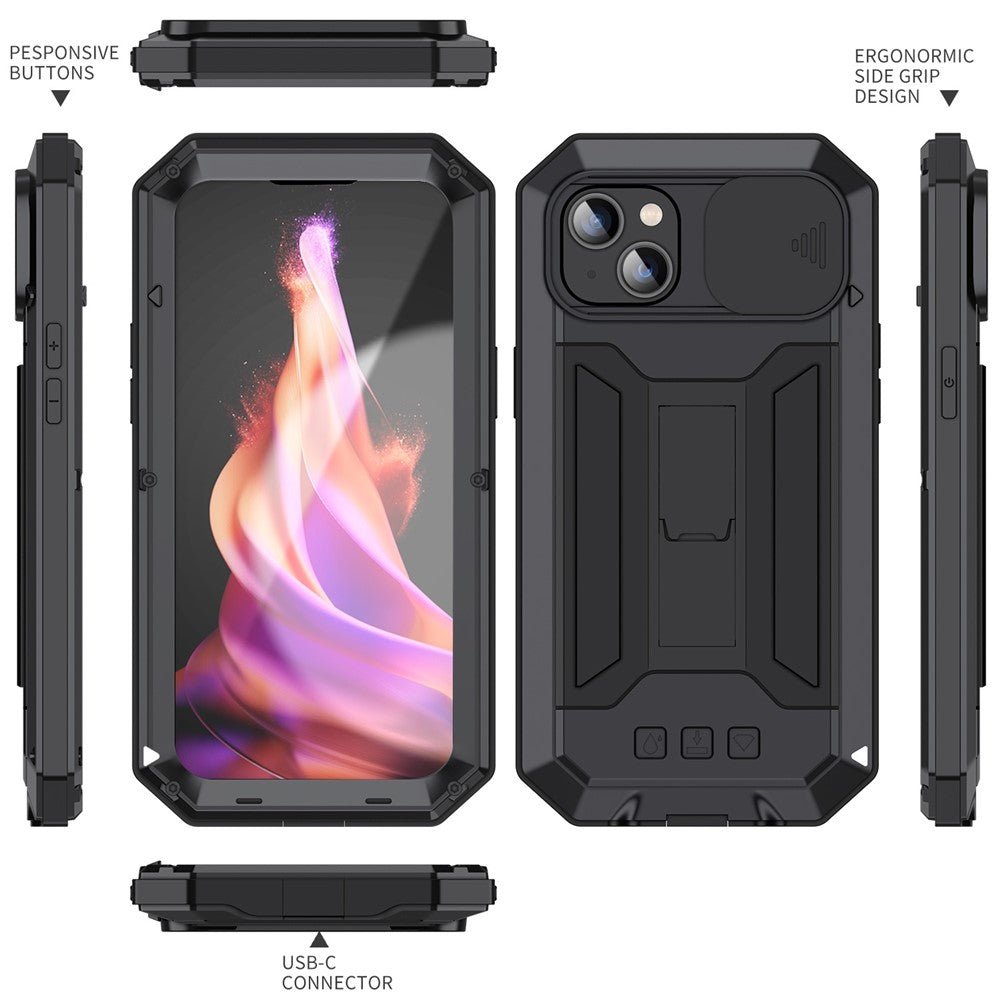 R-JUST For iPhone 15 Plus Slide Camera Lid Kickstand Case Silicone+Metal+Plastic+Tempered Glass Screen Film Anti-drop Cover