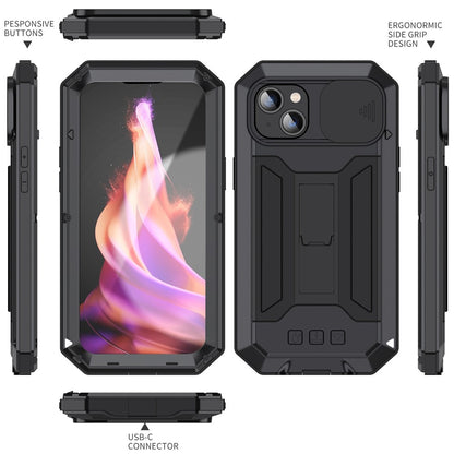 R-JUST For iPhone 15 Plus Slide Camera Lid Kickstand Case Silicone+Metal+Plastic+Tempered Glass Screen Film Anti-drop Cover