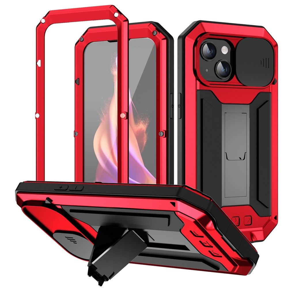 R-JUST For iPhone 15 Plus Slide Camera Lid Kickstand Case Silicone+Metal+Plastic+Tempered Glass Screen Film Anti-drop Cover