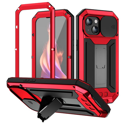 R-JUST For iPhone 15 Plus Slide Camera Lid Kickstand Case Silicone+Metal+Plastic+Tempered Glass Screen Film Anti-drop Cover