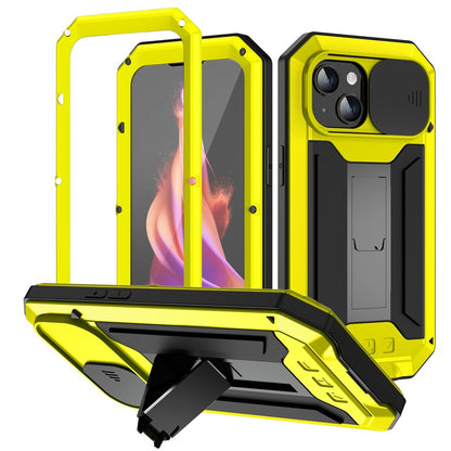 R-JUST For iPhone 15 Plus Slide Camera Lid Kickstand Case Silicone+Metal+Plastic+Tempered Glass Screen Film Anti-drop Cover