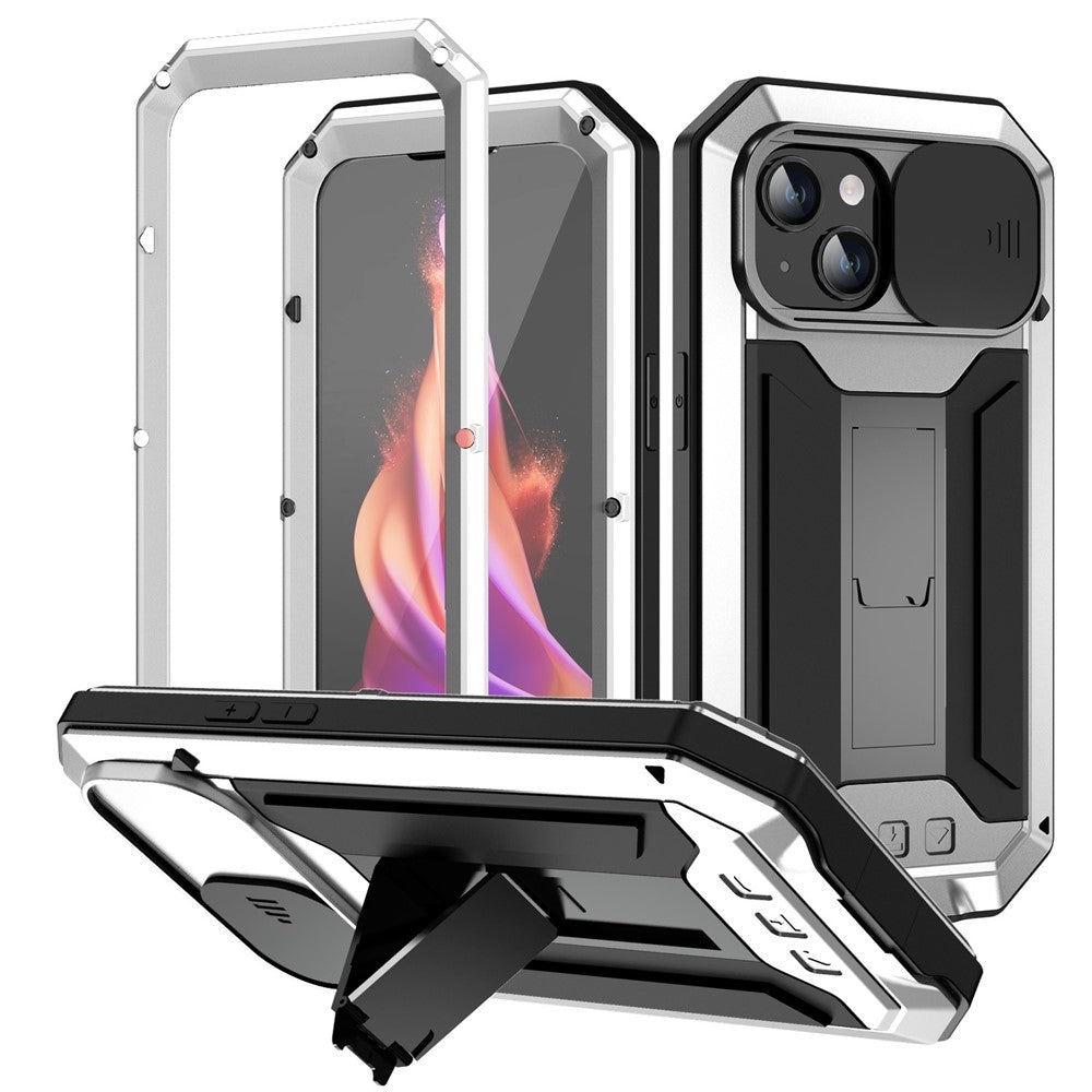 R-JUST For iPhone 15 Plus Slide Camera Lid Kickstand Case Silicone+Metal+Plastic+Tempered Glass Screen Film Anti-drop Cover