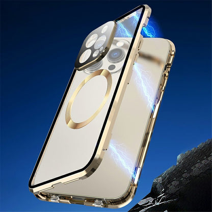 Compatible with MagSafe Case for iPhone 15 Pro Magnetic Metal Frame + Double-Sided Tempered Glass Phone Cover with Buckle Lock