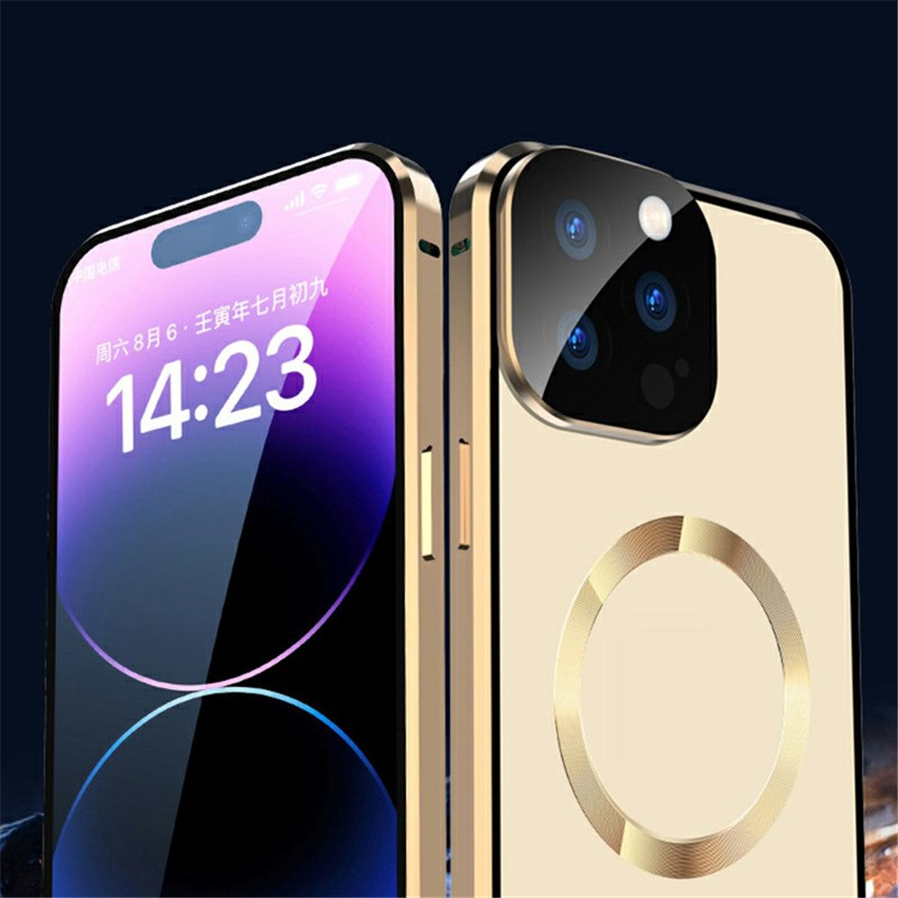 Compatible with MagSafe Case for iPhone 15 Pro Magnetic Metal Frame + Double-Sided Tempered Glass Phone Cover with Buckle Lock