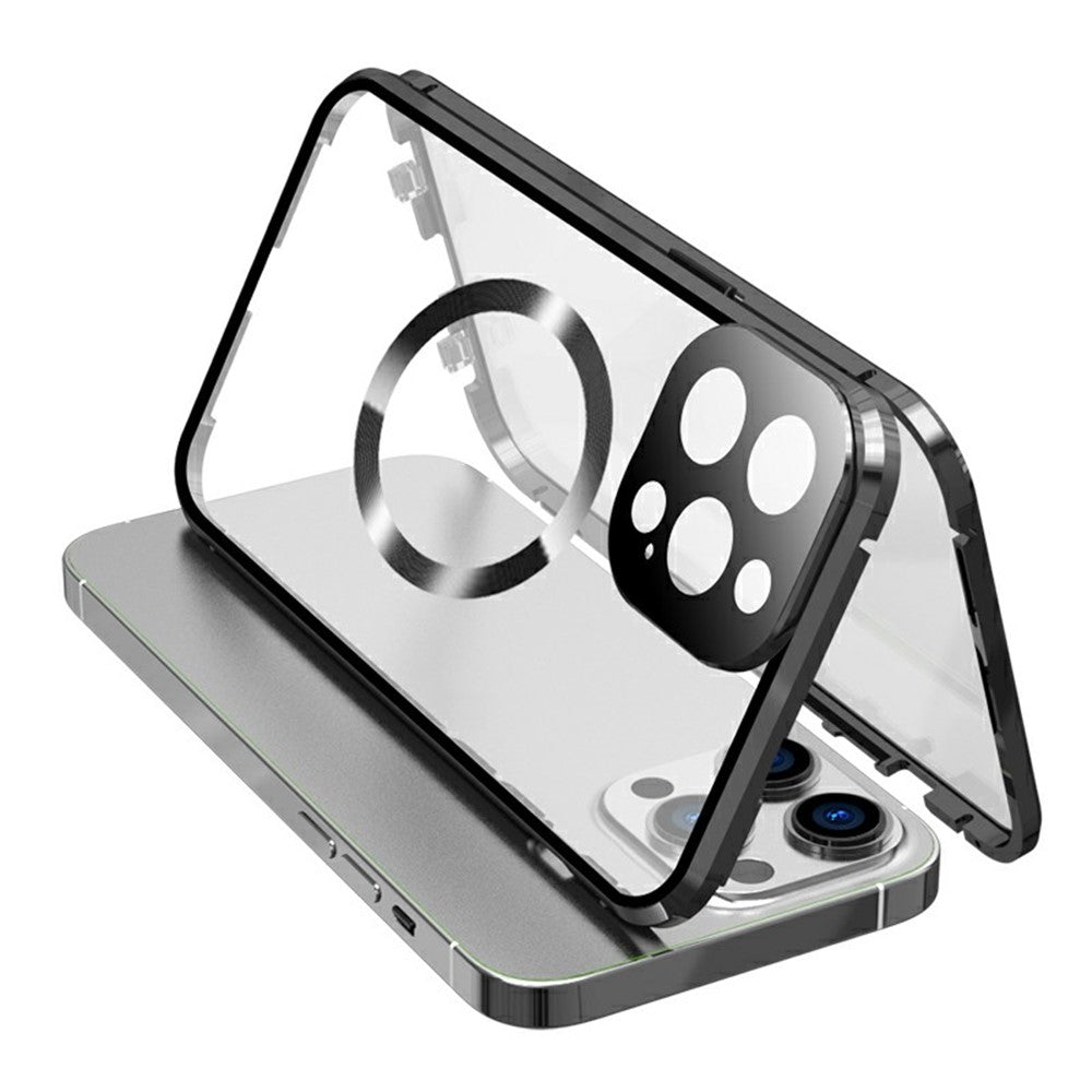 Compatible with MagSafe Case for iPhone 15 Pro Magnetic Metal Frame + Double-Sided Tempered Glass Phone Cover with Buckle Lock