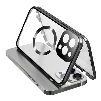 Compatible with MagSafe Case for iPhone 15 Pro Magnetic Metal Frame + Double-Sided Tempered Glass Phone Cover with Buckle Lock