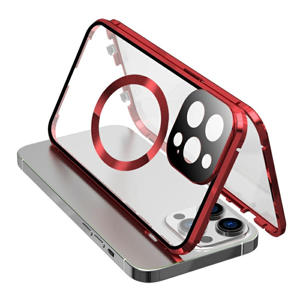 Compatible with MagSafe Case for iPhone 15 Pro Magnetic Metal Frame + Double-Sided Tempered Glass Phone Cover with Buckle Lock