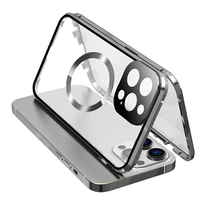 Compatible with MagSafe Case for iPhone 15 Pro Magnetic Metal Frame + Double-Sided Tempered Glass Phone Cover with Buckle Lock