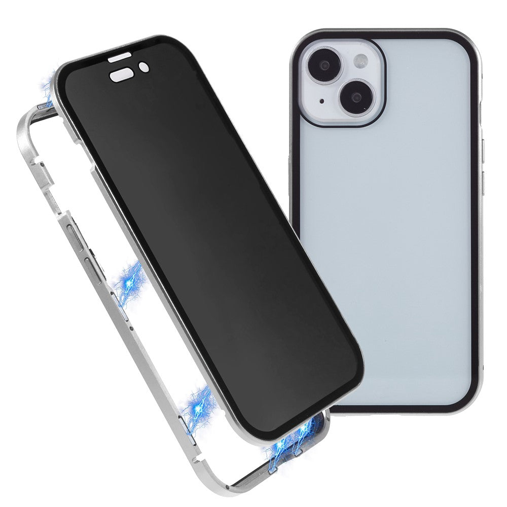 For iPhone 15 Plus Anti-Spy Phone Case Magnetic Adsorption Metal Frame + Double-sided Tempered Glass Shockproof Cover