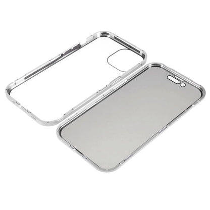For iPhone 15 Plus Anti-Spy Phone Case Magnetic Adsorption Metal Frame + Double-sided Tempered Glass Shockproof Cover